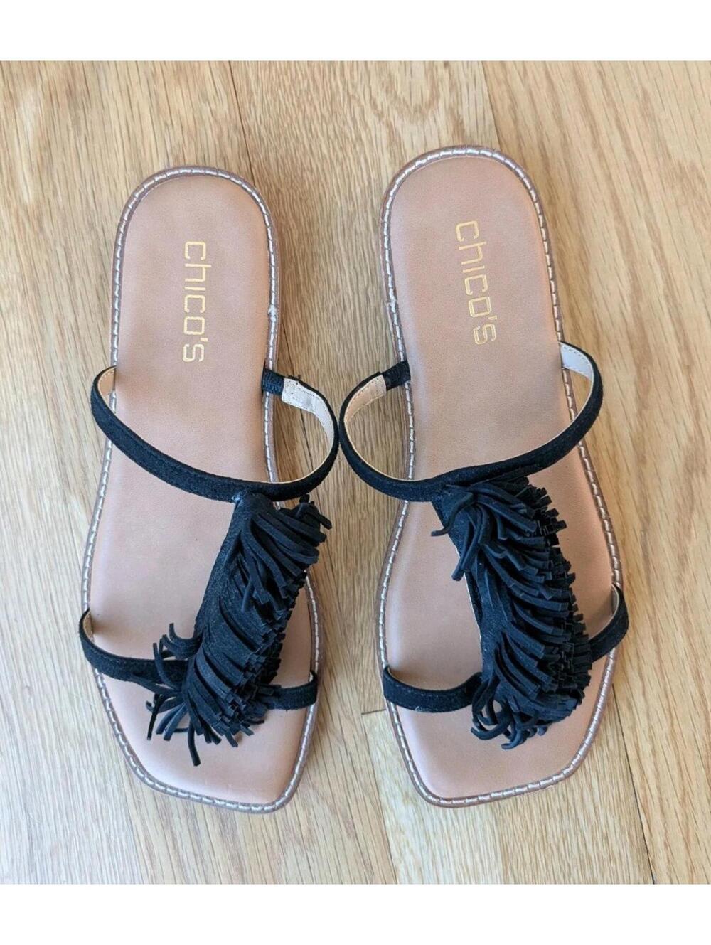 Chico's Delray Black Suede Fringe Sandals Size 7M Leather
